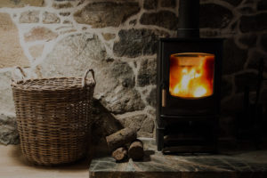 stove fireplace with log basket